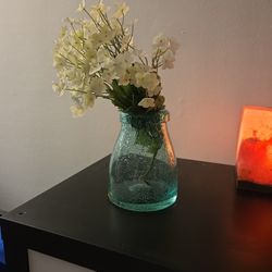 Turquoise Vase With Fake White Flowers
