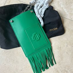 NEW Maje Leather Fringe Phone Bag - Green