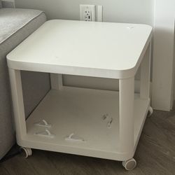 White Side Table With Wheels.  