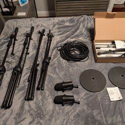 Podcast Setup, Two Shure Microphones, Stands, Etc