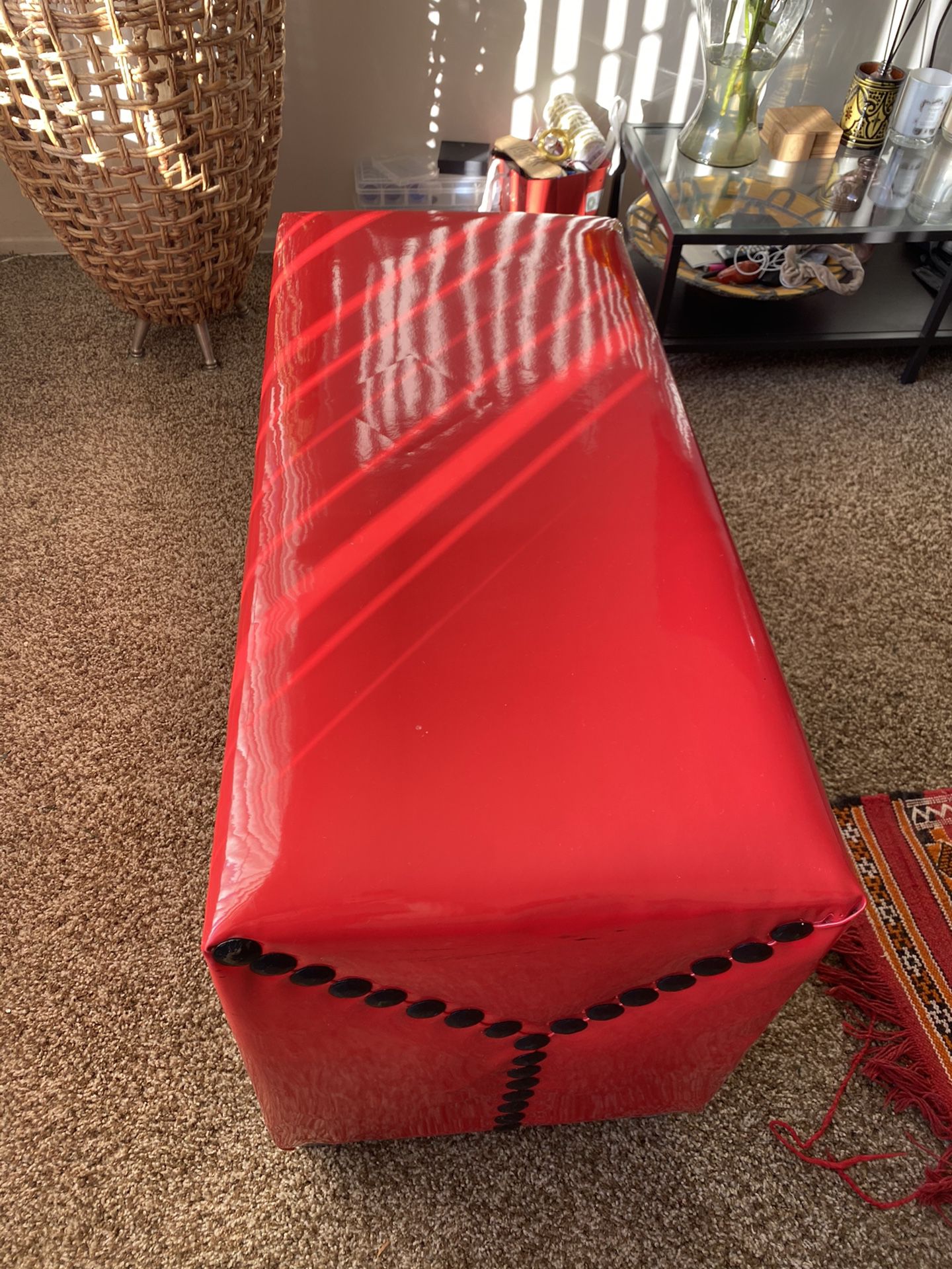 Red Faux Leather Bench W/ Red Side Table