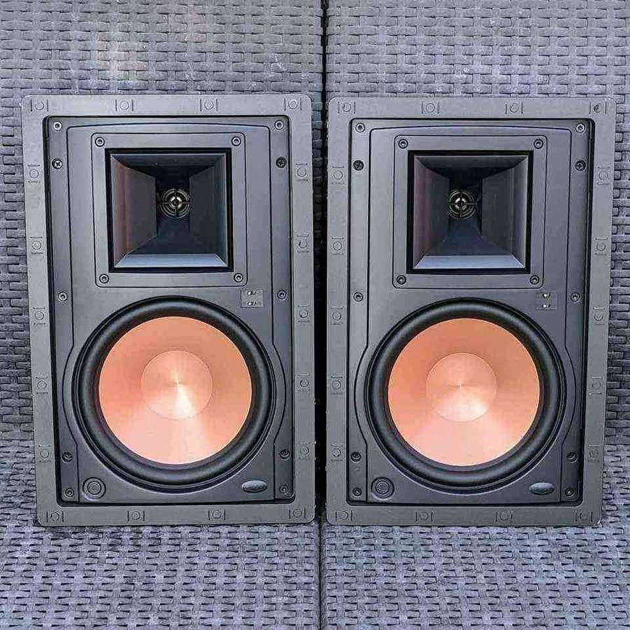 Pair of Klipsch R-5800-W II wired in-wall speakers with paintable grill