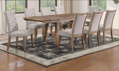 New💥 Riverdale 9-Piece Brown Wood Top Trestle Dining Room Set w/ 8 Upholstered Chairs,