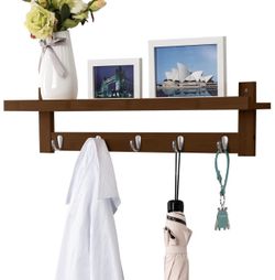 Coat Rack Shelf, Wall-Mounted Bamboo Wooden Hook Rack with 5 Metal Hooks and Upper Shelf. CAN BE SHIPPED