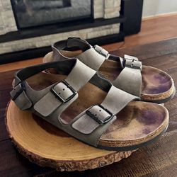 Men’s Milano Birkenstock size 11 (44). Retail $130. Color grey. Has normal wear. Great sandals without box.