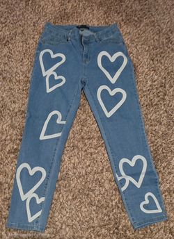 Medium Wash Jeans with White Heart Print - Straight Leg
