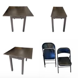 Small Expandable 2 leaf dinette table $30, 2 foldable chairs $10 ea