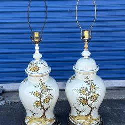 Pair Vintage Porcelain Hand Painted Lamps Trees 