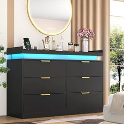 6 Drawer Dresser for Bedroom, Black Dresser with LED Lights and Power Outlet, Modern Chest of Drawers for Closet, Double Wide Drawer Organizer Cabinet