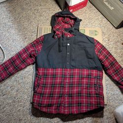 Mens Craftsman Red Flannel & Canvas Shirt Jacket Insulated Hoodied Size M Medium