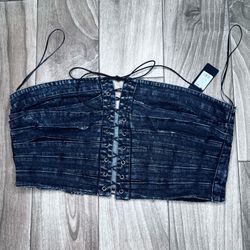 fashion Nova Black and grey denim lace up corset top with zipper back closure Size: 1X