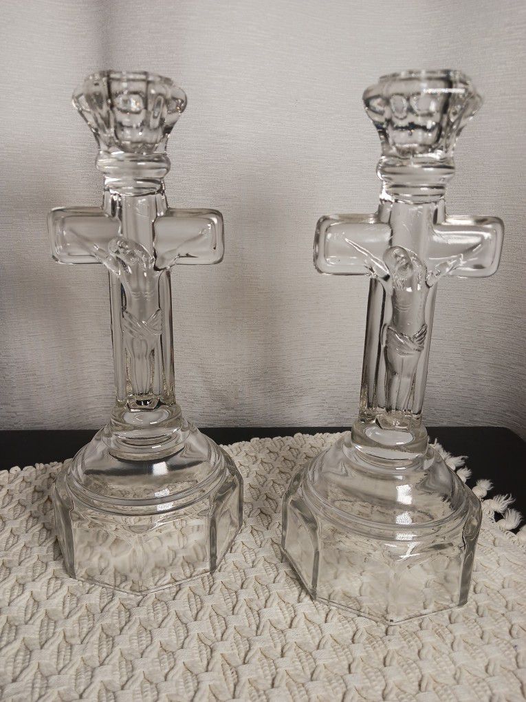 Set of 2 Glass Jesus on Cross 10" Taper Candle Stick Holder INRI Pair Religious 
