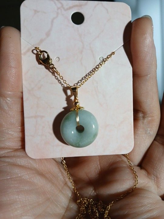 Genuijengreen Jade Jadeist burma Donut Safety Gồ Luck Small Pdnt S925 Gold Outlay Chain 18"