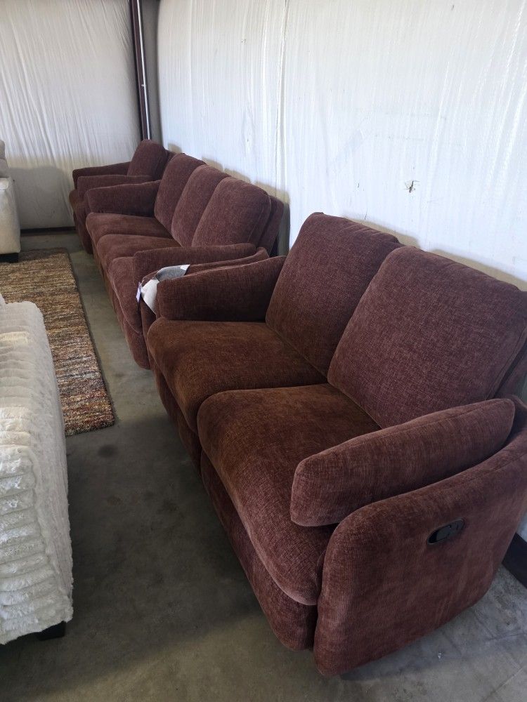 Brand New Lifestyle Dino Rust Reclining 3pc Living Room Set