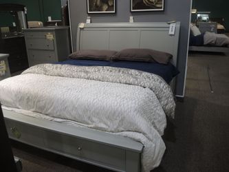Queen Sleigh Storage Bed - Gray Finish with Footboard Storage Drawer