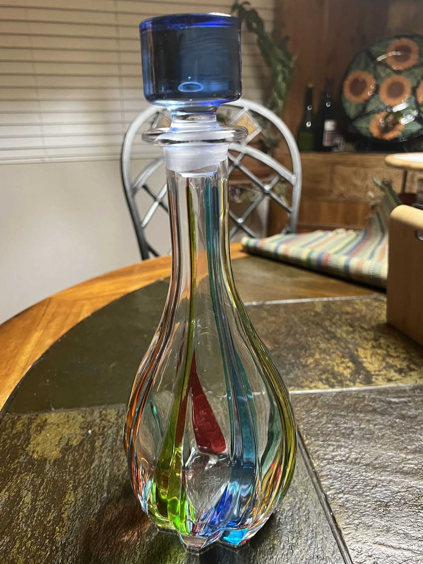 MURANO Made In Italy Glass CC ZENCCHIN Style, CRISTAL DECANTER Blue Cobalt stopper. Vintage 12- 1/2” Tall