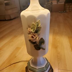 Vintage Table Lamp Pink Roses Ceramic Porcelain Boundoir Art Deco With Shade