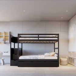 BB52 Full/Full Bunk Bed Trundle + Staircase Storage 🔥❤️🚛