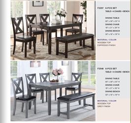 6 PCS DINING SET WITH 4 CHAIRS AND BENCH NEW IN GREY OR ESPRESSO COLOR