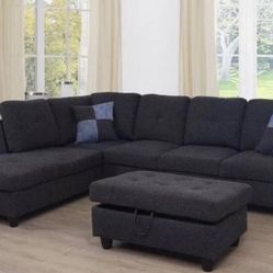 Black  sectional couch with ottoman Fabric 
