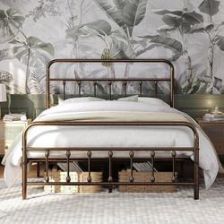 Classic Metal Platform Bed Frame Mattress Foundation with Victorian Style Iron-Art Headboard/Footboard/Under Bed Storage/No Box Spring Needed/Queen Si