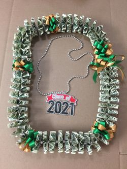Congratulations Green and gold  ribbon money lei