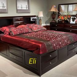 New/ Gray And Cherry Storage Platform Bedroom Set/Dresser,mirror,nightstand,bed//Queen And King Size Available/Mattress Sold Separately,,Financing Opt