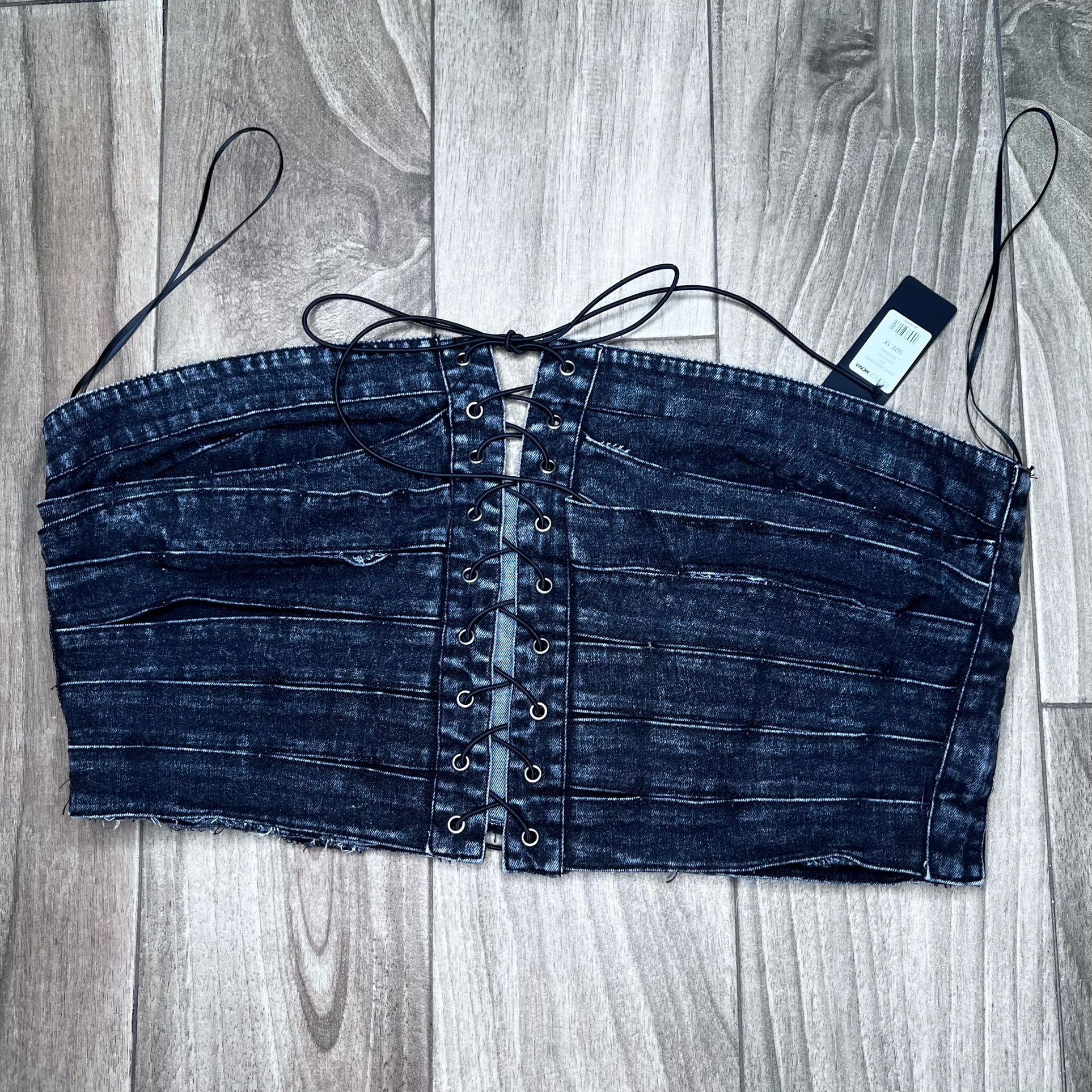 fashion Nova Black and grey denim lace up corset top with zipper back closure Size: 1X