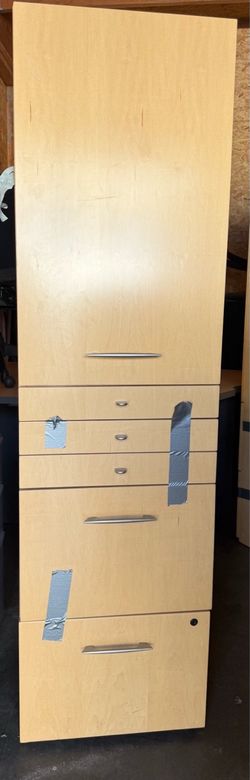 Tall Office Storage Tower - Cabinet with Shelves & 5 Drawers