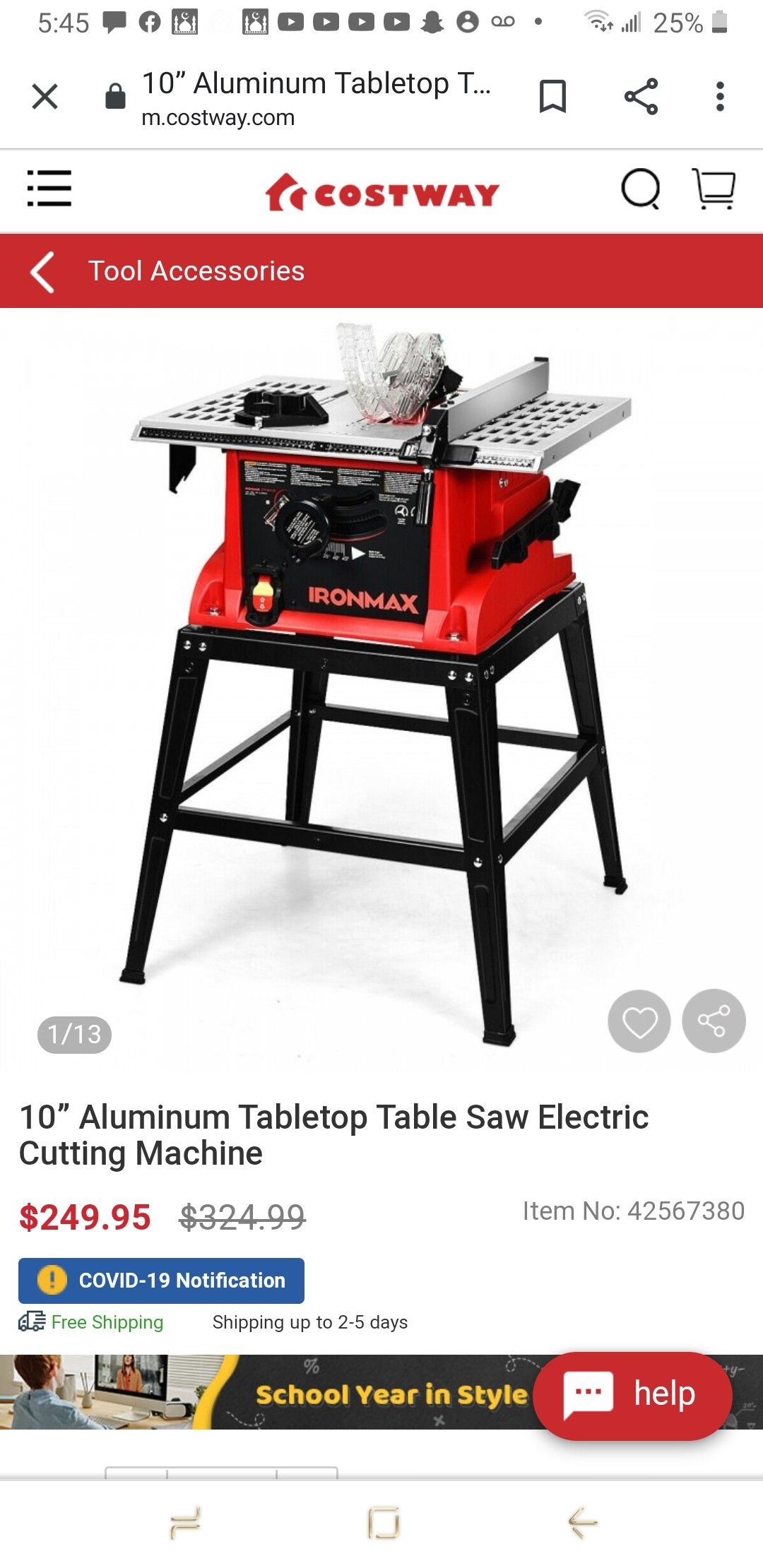 Costaaway 10" saw table