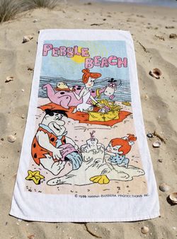 Vintage 1988 The Flintstones Pebble Beach Beach Towel 48"x26" - Fred Wilma Pebbles Dino Hanna-Barbera
