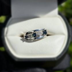 Jewelry 10k solid white gold sapphire diamonds 0.8CTW ring sz 7.00
