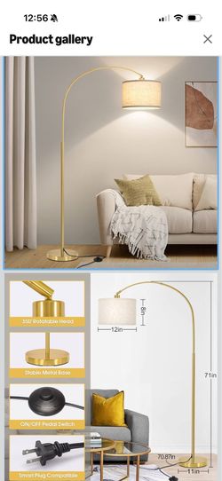 Gold Floor Lamp, Arc Floor Lamp for Living Room with Adjustable Drum Lampshade, Modern Tall Standing Lamp with On/Off Foot Switch, Over Couch Arched R