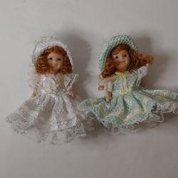  Mini 5" Dolls  Porcelain Moveable Arms & Legs 2 Dolls  Green and White Dresses 