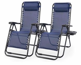 Brand New Set of 2 Zero Gravity Lounge Chairs w/ Cup Holders – Blue