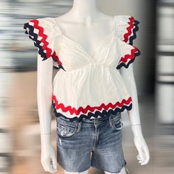 Day & Moon White Rick Rack Patriotic Top Sz Medium 