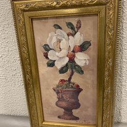 Vintage print by Barbara mock beautiful topiary with magnolia in designed gold frame ,17”x11”  Print size is 7”x 13” , home interior, wall Art I