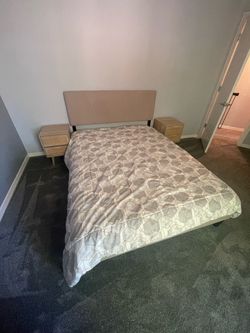 Queen Bed Frame and Mattress with Upholstered Headboardand Two Side Tables