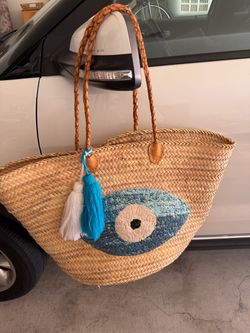 Straw Tote Bag with Evil Eye Design