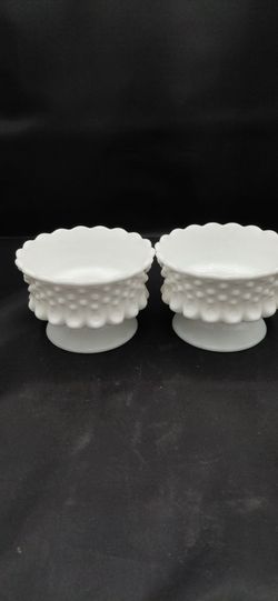 Beautiful Vintage Fenton Hobnail Milkglass Footed Candlestick Holders