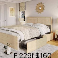 Natural Rattan Full Bed Frame with Wooden Headboard and 4 Storage Drawers(229f)