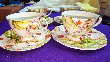 Set Of 4 Peppertree Tabletops "Cream Leaf" Fine Porcelain Teacup and Saucer Sets Coastline Imports A93Z359