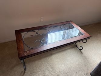 Wood and Wrought Iron Glass Top Coffee Table