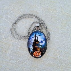 Haunted house, ghosts, pumpkin large oval cabochon silver tone necklace w/BONUS