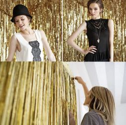 2 pack Black Foil Curtains Metallic Tinsel Fringe Curtains Shimmer Door Window Curtain Backdrop for Birthday Wedding Bridal Shower Halloween P
