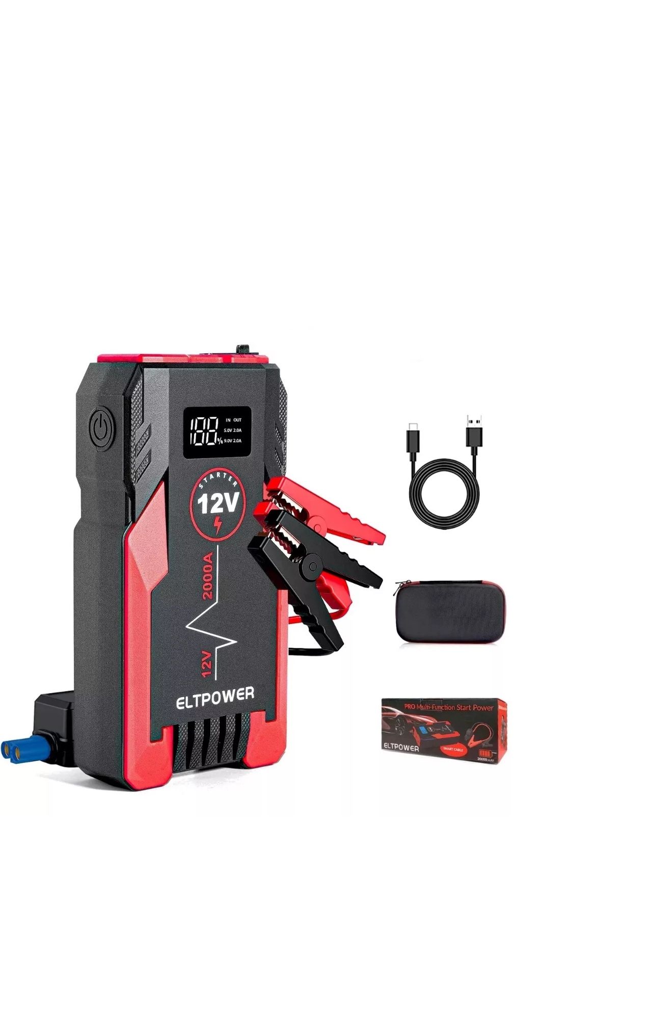 ELTPOWER 20000mAh Car Battery Jump Starter for Up to 9L Gas 7L Diesel, 2000A Pea