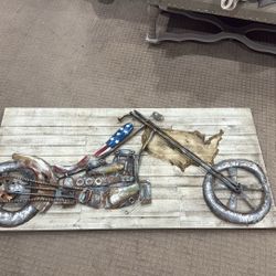 3D Rustic Motorcycle Wall Art – Metal & Wood Industrial Decor