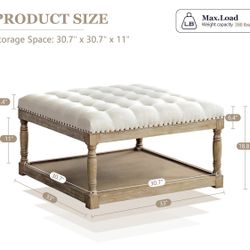33-inch Large Square Ottoman Coffee Tables for Living Room, Tufted Upholstered Linen Ottoman with Storage Shelf and Solid Legs for Office Bedroom Farm
