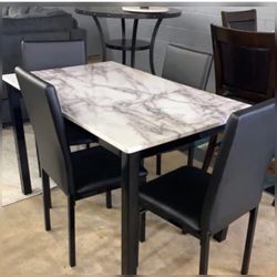 5-pc Dining Set Faux Marble Table Top W/ Black PU Upholstered
