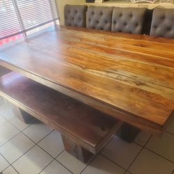 Long Wood Dining Table, With Bench And 4 Chairs